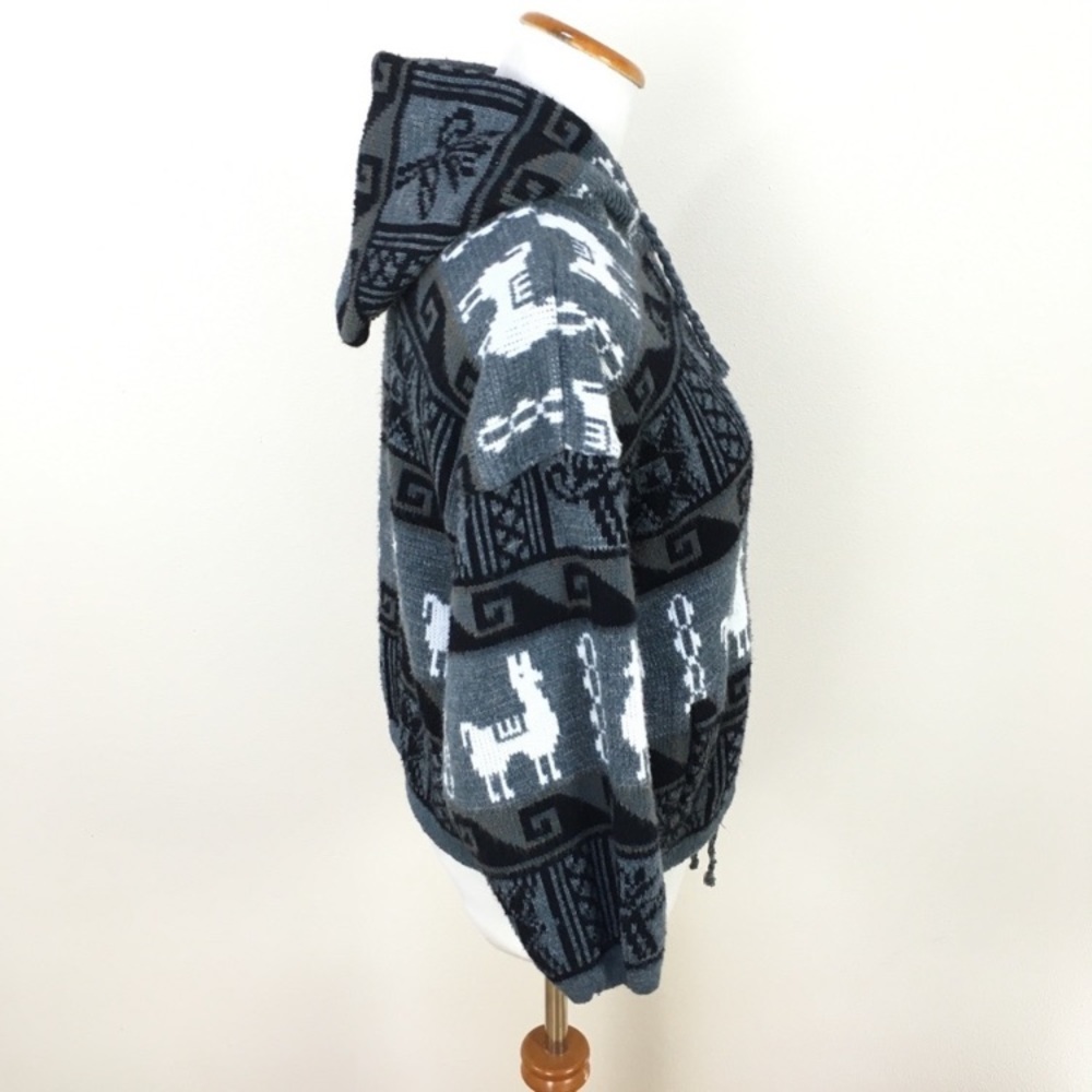 Tejidos Ruminahw Alpacas Aztec Hooded Jacket Gray Black Men’s Small - Picture 2 of 5
